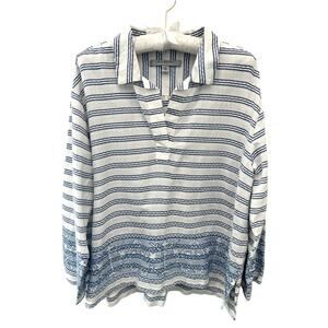 MARC NEW YORK | Blue White Striped Linen Blend Popover Blouse Top | Medium